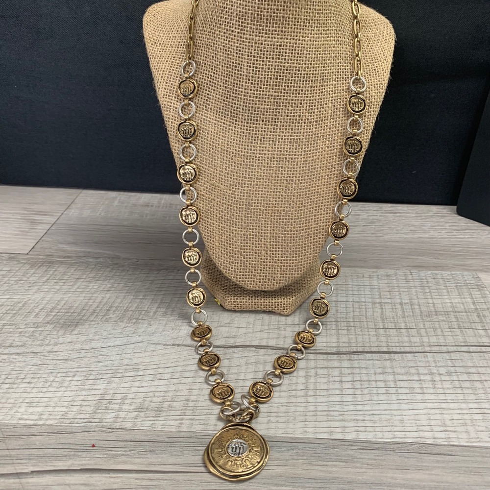 Chicos Mixed Metal Coin Medallion Pendant Necklace Gold Silver Tone 30 Inch